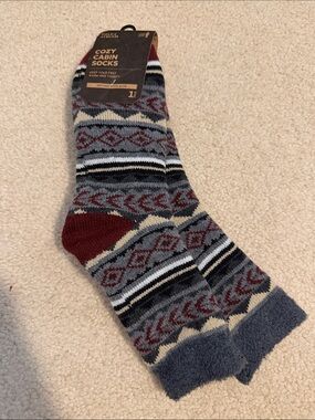Field & Stream Cozy Cabin Patterned Crew Socks - Gray, Burgundy & Cream